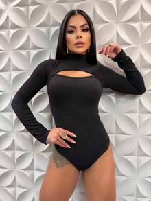 Women's Long Sleeve Bodysuit With Opening And Closed Neckline - màu đen - Xem 1