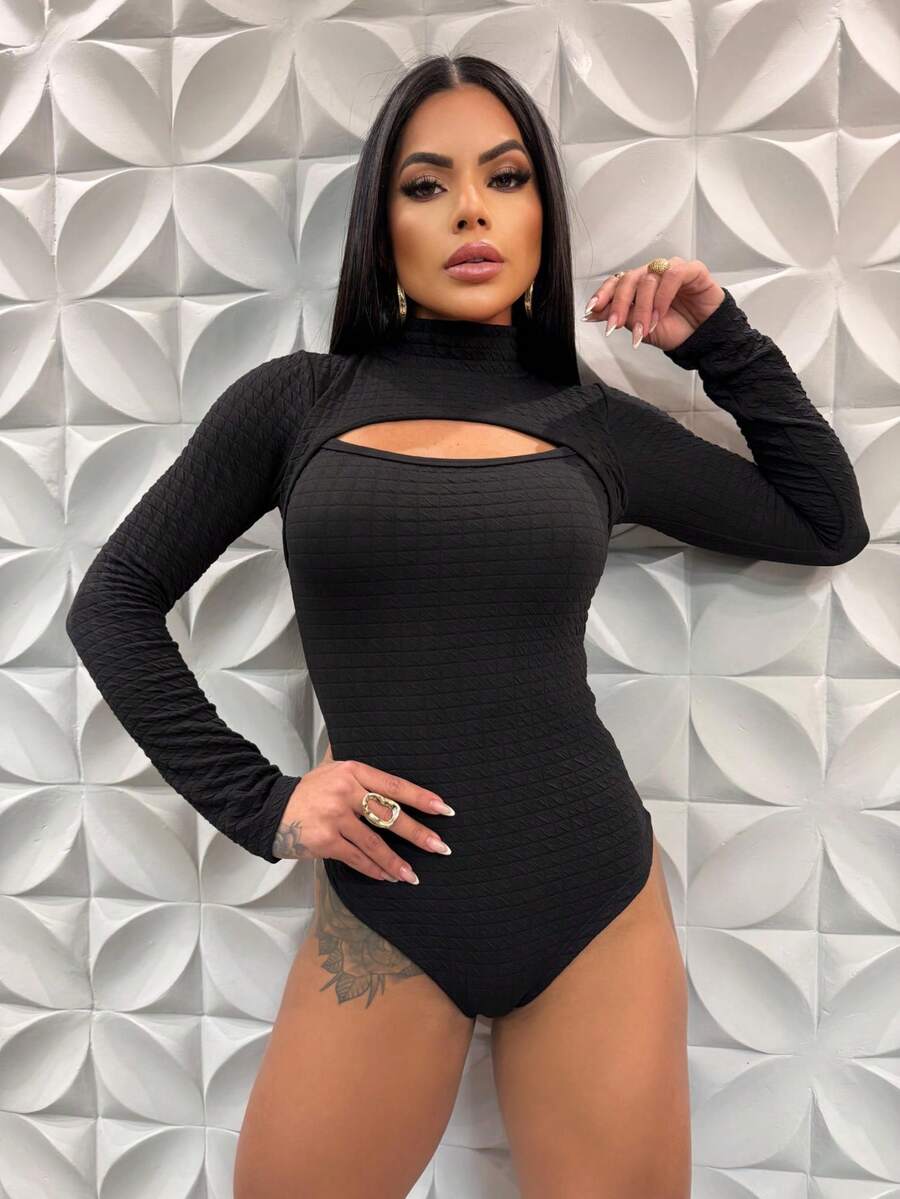 Women's Long Sleeve Bodysuit With Opening And Closed Neckline - màu đen - Xem 1