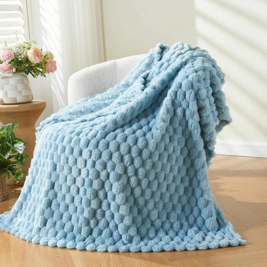 Super Soft King Blanket Pink Premium Silky Flannel Fleece 3D Ribbed Jacquard Lightweight Bed Blanket All Season Use (Pink Ribbed, King(90"X110")) - 藍色 - 查看 1