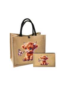 迷人高地牛主题印花图案亚麻手提包、零钱包、字母、拉链袋、个性礼品包、卡通趣味多功能手提包、带黑色扣环的黄色亚麻黑色手提包、购物袋、化妆包、杂物收纳袋