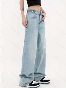 青少年女孩高街美式水洗阔腿牛仔裤，休闲宽松直筒裤，紧身版型