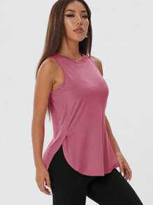 1 buc. Tricou sport pentru femei, casual, lejer, fără mâneci, cu fantă laterală, culoare uni, potrivit pentru primăvară/vară, exerciții fizice și activități în aer liber