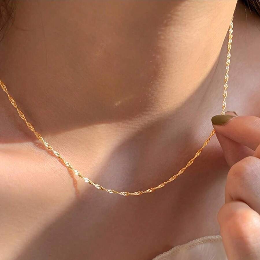 优雅波浪形链条设计 18K 镀金铜合金项链，女士款 - 項鍊 - 查看 1