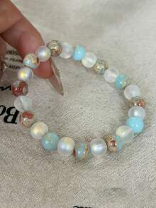 1pc Vintage Boho Style Natural Shoushan Stone Beads Bracelet, Bring Health Elastic Accessory Suitable For Daily And Vacation Wear - Multicolor - View 6