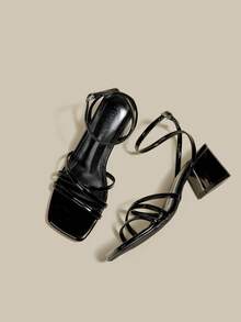 Women's Black High Heel Sandals With Criss-Cross Open Toe Lace-Up Chunky Heel Strap Gladiator Sandals,Summer - Black - View 2