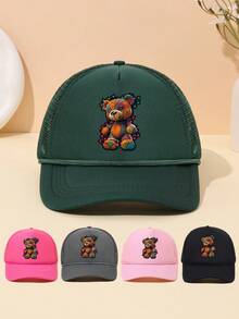男女通用时尚卡通熊印花成人海绵帽带绳装饰网眼拼接透气可调节尺寸时尚棒球帽适合日常户外活动遮阳休闲高尔夫帽
