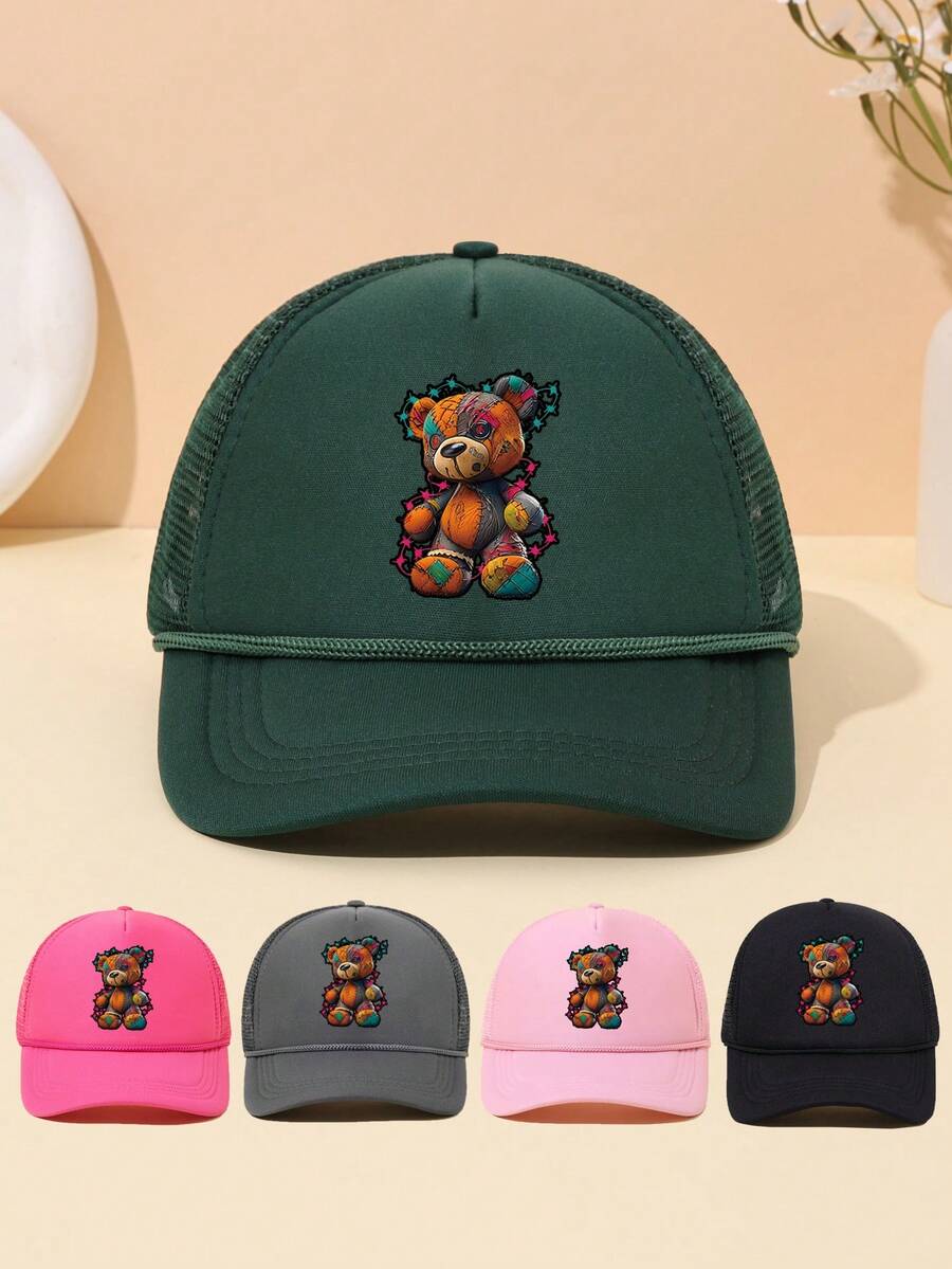 男女通用时尚卡通熊印花成人海绵帽带绳装饰网眼拼接透气可调节尺寸时尚棒球帽适合日常户外活动遮阳休闲高尔夫帽