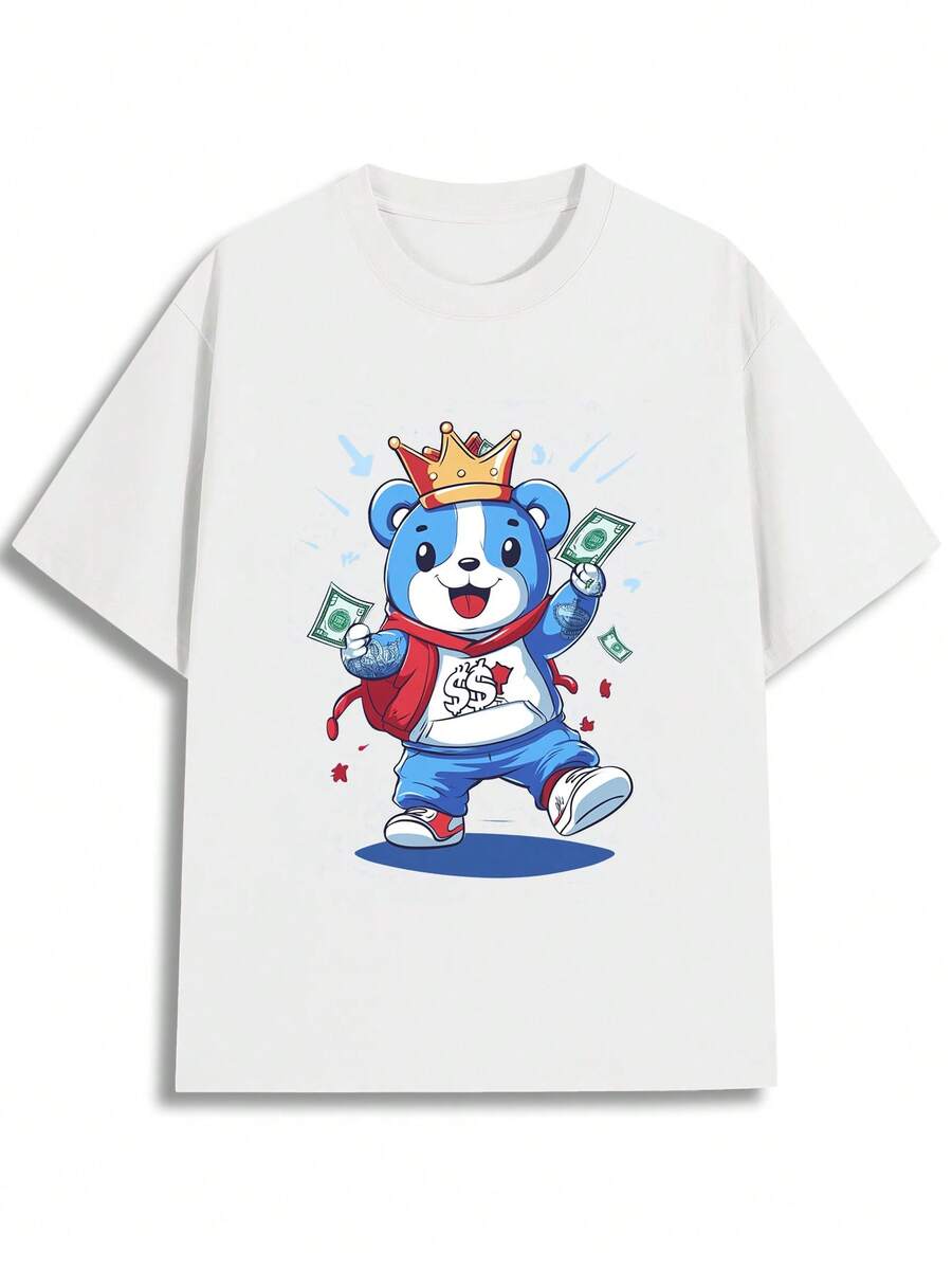 Graphic Tees Cartoon Bear Crown Hip Hop Soft Boyfriend Gifts - White - View 1