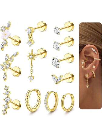 Set de 12 pendientes para cartílago de mujer con parte trasera plana - Aretes de aro y pendientes para cartílago de acero inoxidable quirúrgico hipoalergénico para perforaciones como daith, concha, trago y hélix