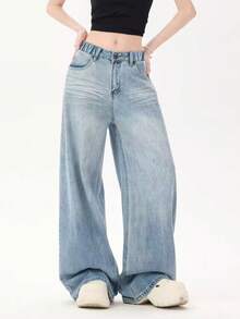 Teen Girl Light Blue Straight Leg Jeans, Retro Loose Wide Leg Pants, American Casual Style - Blue - View 2