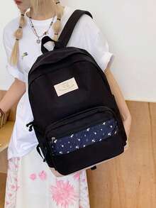 Contrast Color Patchwork Casual Zipper Closure Backpack, Suitable For Students, School, Outdoor Activities, Youth' - Black - View 6