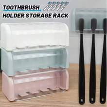 Bathroom Wallmount Toothbrush Holder With Cover 5 Slots Without Drilling Home Bathroom Self Adhered Toothbrush Storage Racks - Blue - View 2