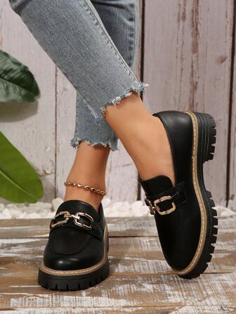 1 Pair Chain Print Elegant Outdoor Business Preppy Party Fabric Metal Chain Women Loafers, Suitable For Academy, Festival, Wedding, Vacation, Office, Outdoor, All Season