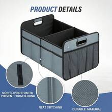 Organizador de maletero de lujo simple para automóvil/SUV/camioneta, caja de almacenamiento automotriz plegable de 2 compartimentos, de poliéster Oxford impermeable 600D de 50L, accesorios de viaje, antideslizante y a prueba de fugas, color negro - Gris - Ver 2
