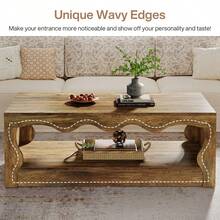 Tribesigns 2-Tier Wooden Coffee Table, 47.24-Inch Farmhouse Coffee Tables With Open Storage Shelf, Rectangular Accent Center Low Cocktail Tea Table, Brown - Brown - View 5