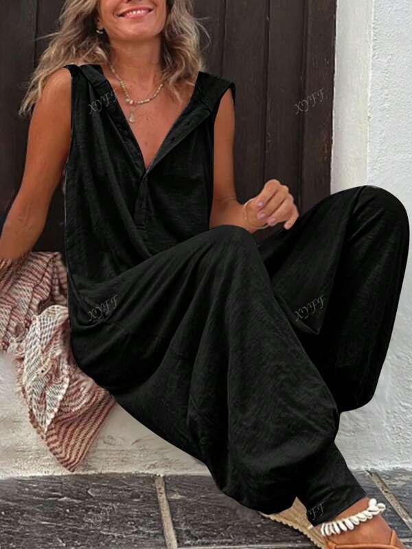 Women's Casual High Waist Sleeveless Wide Leg Loose Jumpsuit