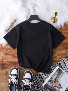Casual Versatile Solid Color Round Neck Short Sleeve T-Shirt - Black - View 2