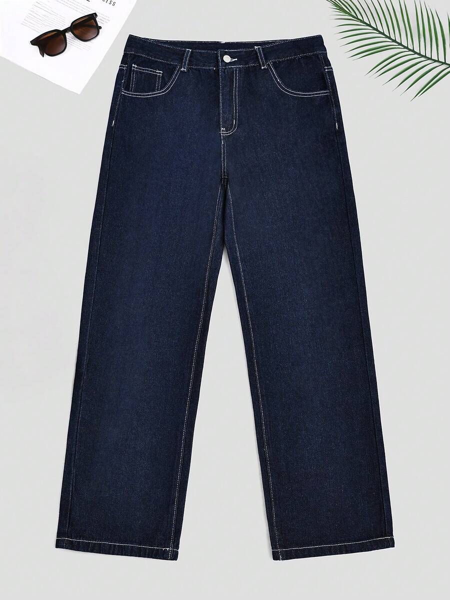 Quần denim xanh đậm thời trang nam giản dị đường phố rộng rãi cá tính cho thanh thiếu niên trường học thể thao thẳng phong cách đường phố đa năng - Rửa tối - Xem 1