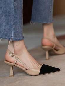 Tacones altos de mujer, tacones altos puntiagudos, tacón abierto, a la moda y versátiles - Caqui - Ver 3