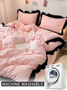 3 件套粉色涤纶羽绒被套，带黑色荷叶边蕾丝，现代可爱床上用品套装，大号，适合所有季节，柔软透气（1 个羽绒被套 + 2 个枕套，无填充物） - 粉色 - 查看 7