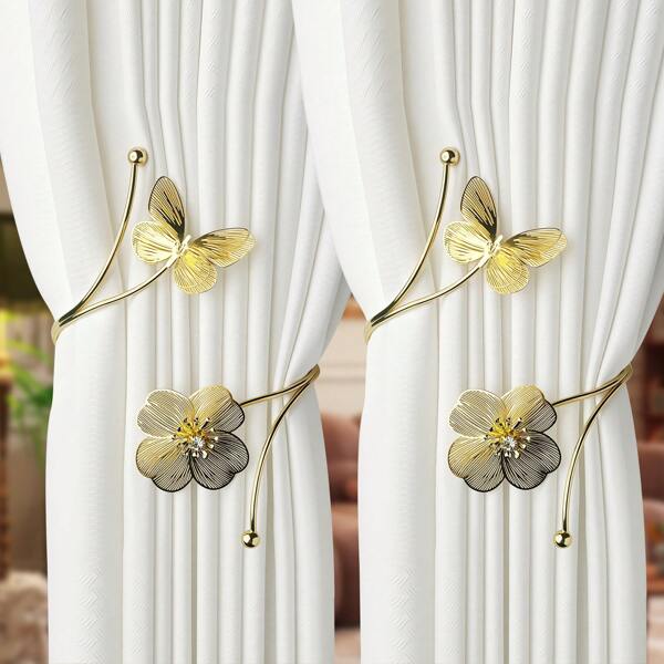 2 piezas de ganchos de cortina de metal hechos a mano, diseño de flor/mariposa hueca dorada, ganchos de cortina sin perforación, adecuados para la decoración de la sala de estar, el dormitorio y la oficina