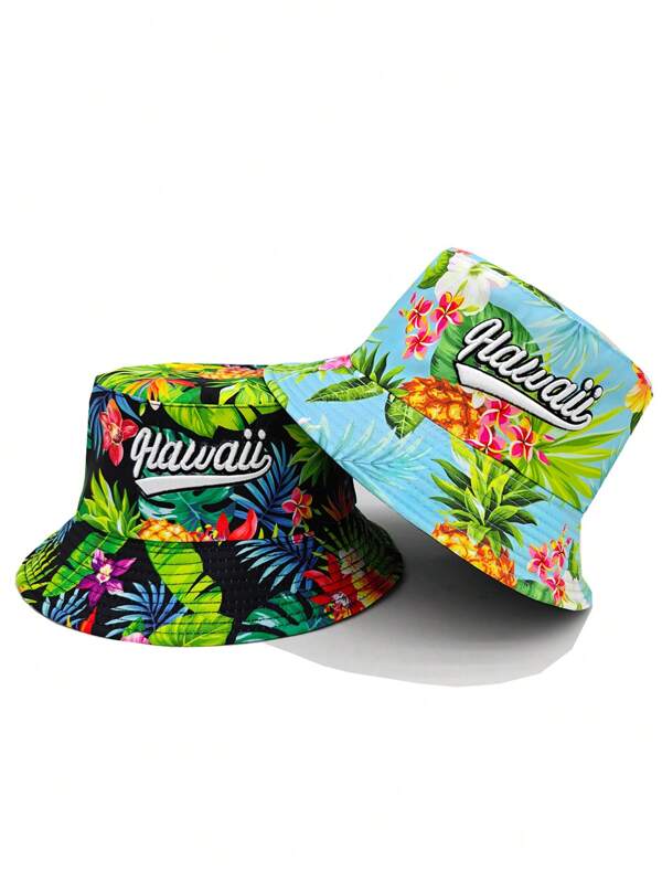 Cappello da pescatore alla moda con ricamo in stile hawaiano, reversibile, casual, leggero e adatto a unisex per uso all'aperto e viaggi