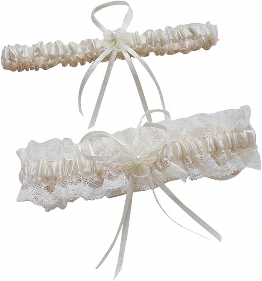 Lace Wedding Garters For Bride Pearl Stretch Prom Garter, Women Wedding Bridal Legs Garter Set Garter Belt - 象牙 - 查看 1