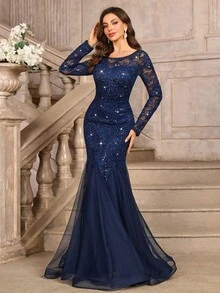 MIUSOL 优雅亮片花卉蕾丝长袖撞色网纱鱼尾正式派对长裙，适合正式晚宴、盛大晚会、婚礼宾客、毕业典礼、宴会等场合，情人节亦可穿着。 - 藏蓝色 - 查看 6