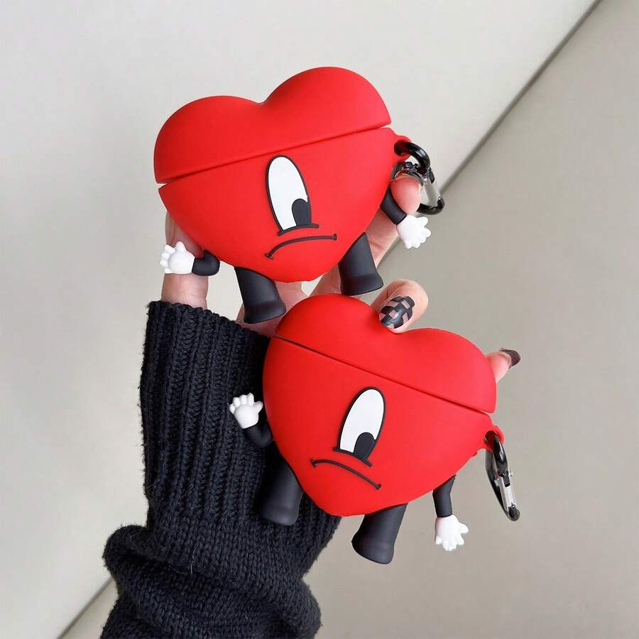 1 Pc Stylish Red 3D Heart Design Soft Shock-Proof Headphone Case + Carabiner Bluetooth Earphone Case Compatible With Apple 1/2/3/Pro/Pro 2nd Gen, Creative Design Compatible With Apple 4th Gen - Red Love Heart - View 1