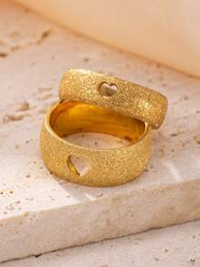 2pcs 8mm, 6mm Stainless Steel Hollow Heart, Cardiogram Matte Finish Rings Set, Suitable For Daily Wear Or Gift