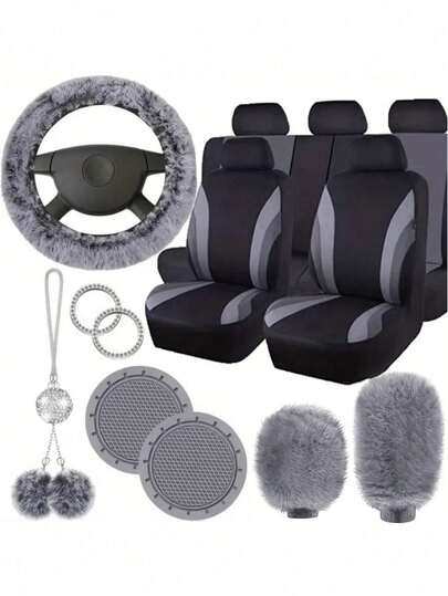 17 件 12 件 9 件 8 件 4 件 汽车座椅套全套汽车配件，蓬松汽车内饰套装，包括毛绒方向盘套、座椅套、换挡套、手刹套、杯垫和吊坠，由聚酯纤维制成，适用于汽车、SUV、轿车、面包车