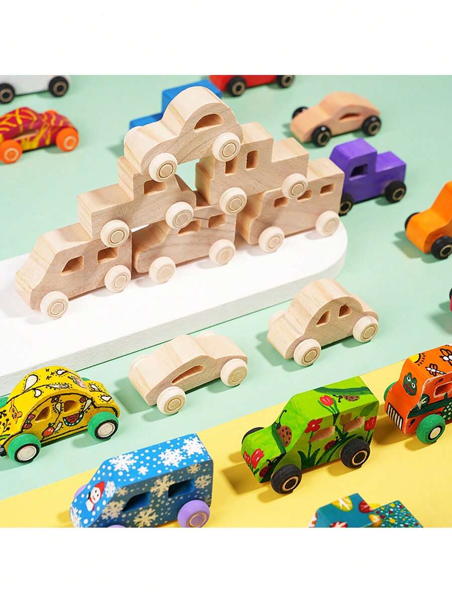 8 piezas/set Juguetes de coche de madera DIY para pintar, juguetes de coche de madera DIY, coches de madera sin terminar, manualidades para estudiantes y actividades en el hogar, set de tiempo familiar y carpintería fácil, kit para construir y pintar tu propio coche y camión, regalos para niños - Caqui - Ver 1