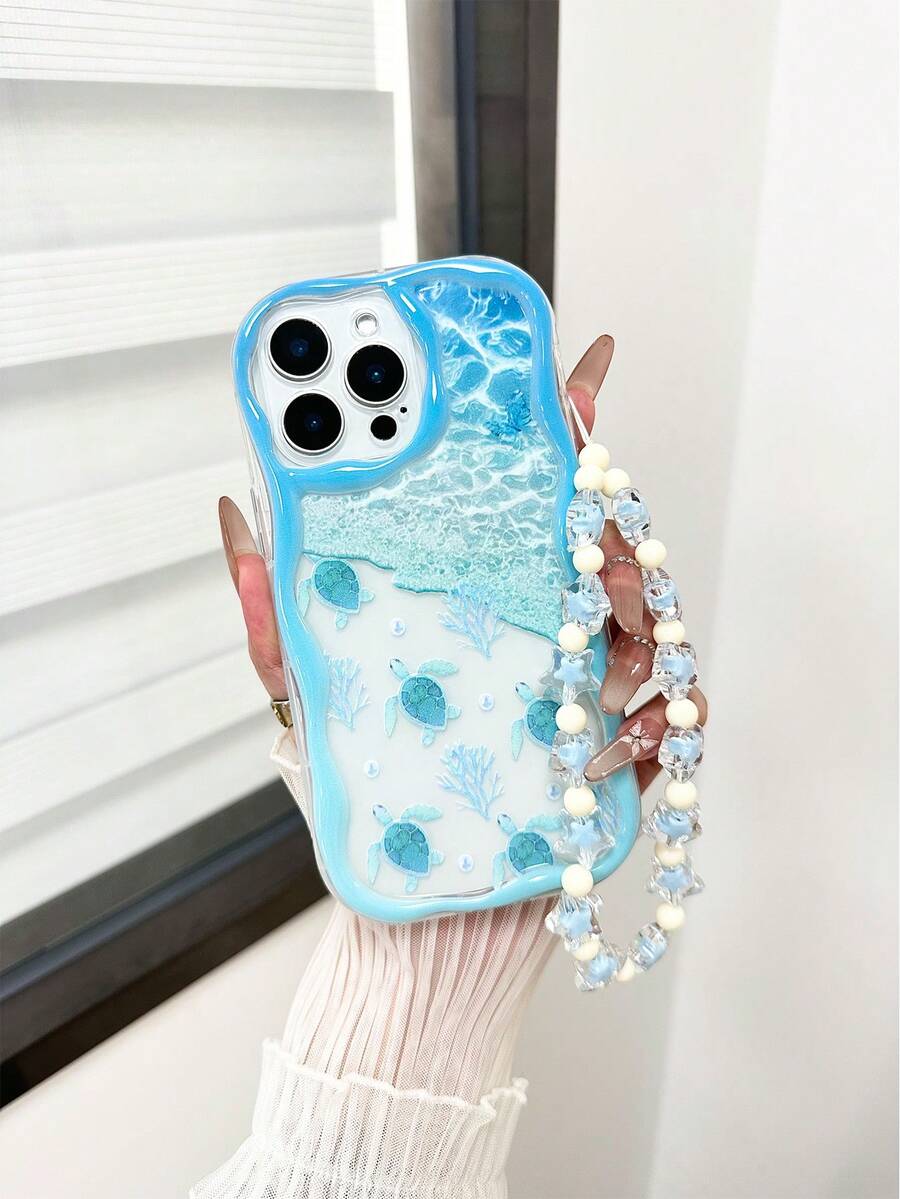 奶油色纹理波浪边光面海龟海滩彩绘防震手机壳，配有手工串珠手链，兼容 16/11/16pro/16plus/16promax/16e/15Promax/13/14/12/XS/XR/7G/8P，兼容三星 Galaxy S25/S25PLUS/S25 Ultra/A16/A36/A26/A56 防水防摔防刮