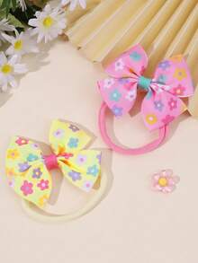 2 件女孩蝴蝶结装饰发带，柠檬/花朵/卡通水豚印花蝴蝶结，弹性发带，可爱清新配饰，适合春季/夏季/上学日/趣味郊游