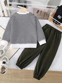 Tween Boy Letter Embroidered Striped Crew Neck Sweatshirt And Woven Long Pants Set - Army Green - View 2