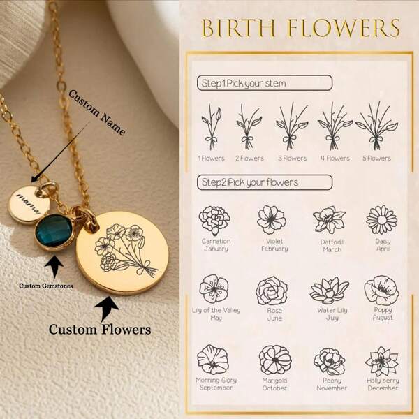 Family Birth Flower Bouquet Necklace, Engraved Birthflower Pendant, Mothers Day Gift For Grandma, Birthstone Jewelry, Christmas Gift For Her