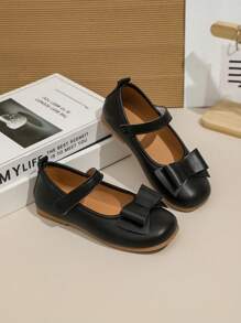 1 Pair Girls' Black Flat Shoes, PU Leather Adjustable Magic Tape Closure, Round Toe, TPR Non-Slip Sole, Comfortable, Fashionable Bow Design, Suitable For 5-14 Years Old Elementary & Middle School Students, For Casual, School, Performance And Daily Wear, All Seasons
