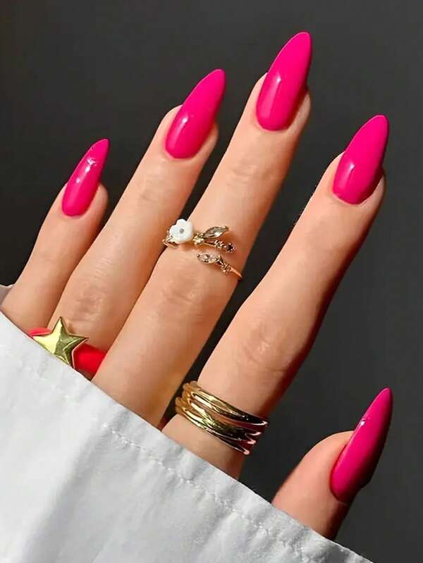 24 piezas de uñas postizas de almendra - Uñas artificiales de cobertura completa de color rosa brillante de fruta del dragón minimalista para regalos, fiestas y uso en la oficina