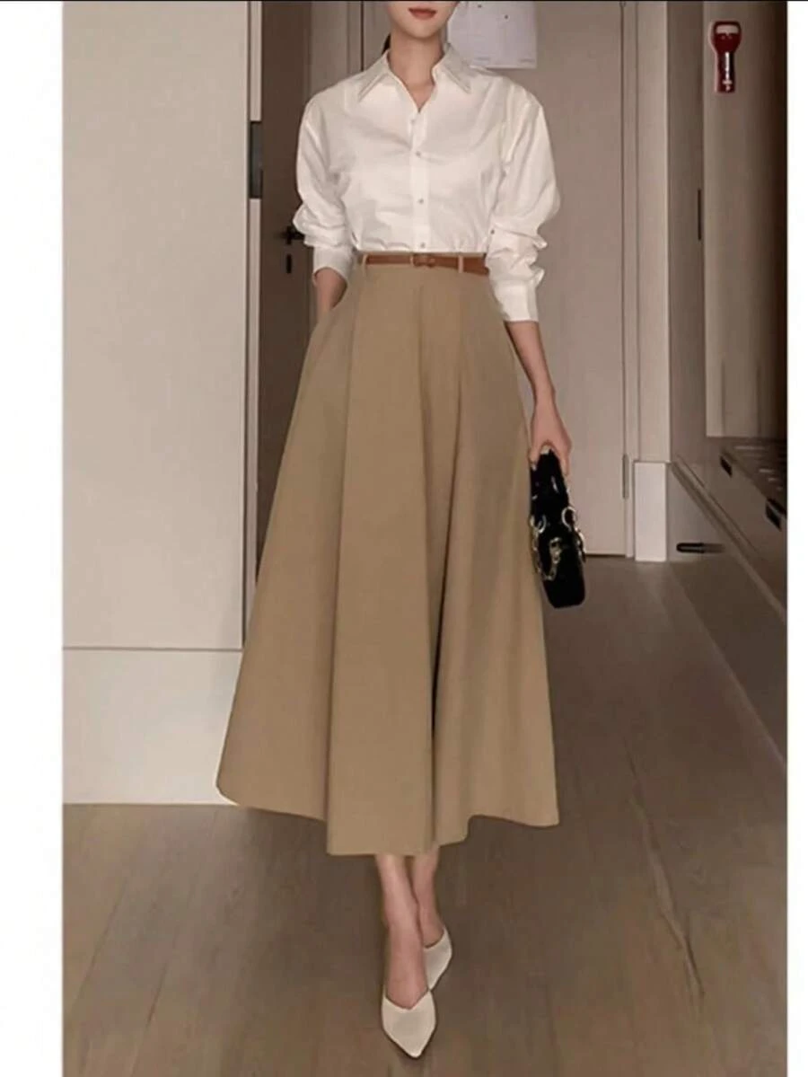 Solid Color High Waist Skirt With Pockets On Both Sides And Wide Hem - Khaki - View 1