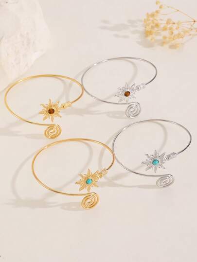 2/1pc Vintage Artificial Gem Sunburst Design Adjustable Arm Bracelet, Suitable For Women Summer Vacation
