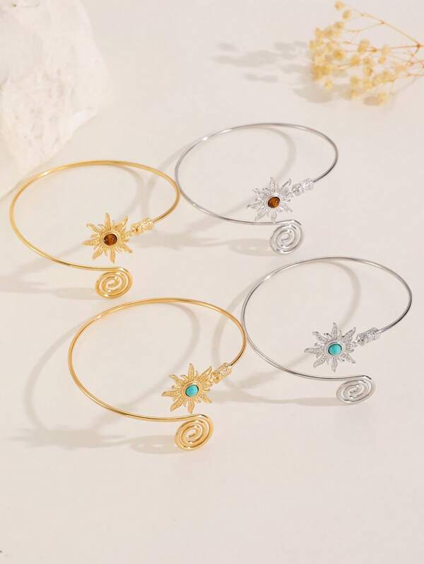 2/1pc Vintage Artificial Gem Sunburst Design Adjustable Arm Bracelet, Suitable For Women Summer Vacation
