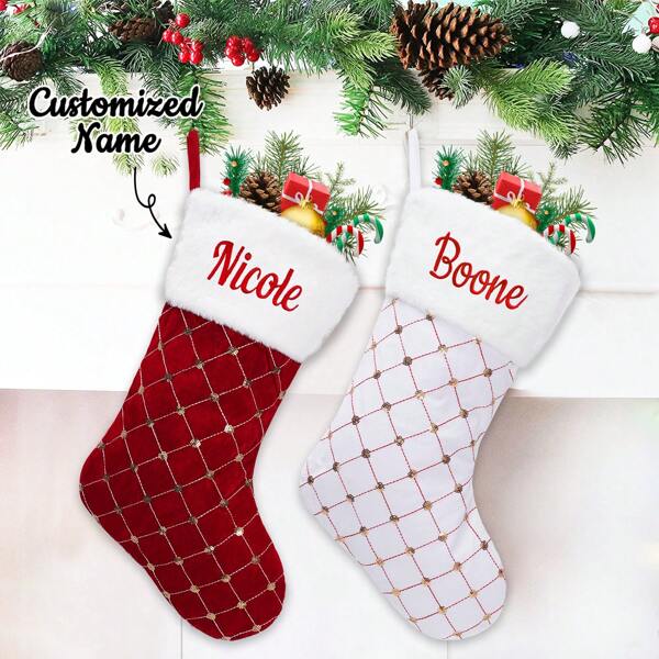 1 Stück personalisierte Weihnachtsstrumpf, 18 Inch großer karierter individuell bestickter Namensstrumpf, Weihnachtsstrumpf für Kinder, Feiertags-Familienstrumpf für Kamin-Party-Dekoration, multifunktional, dekorativ, wiederverwendbar, exquisit, stilvolle, hochwertige, farbenfrohe, moderne, individuelle, einzigartige, ideale Geschenke für ihn, ideale Geschenke für sie, Freund, Vater, Freundin, Mutter, Familie, Freunde, Teeraum, Zuhause, Garten, Büro, für Jahrestage, für Valentinstag, für Muttertag, für Geburtstage, für Vatertag, für Abschluss, für Hochzeiten, für Einweihung