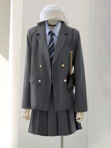 女式高品质 TR 斜纹布学院风双排扣长袖西装外套和百褶迷你裙套装 - 灰色 - 查看 3