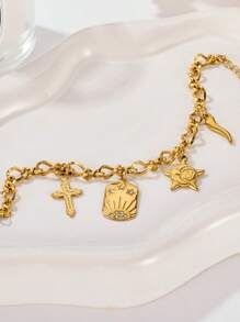 1 pieza de pulsera con dije de cruz y pentagrama de moda personalizado de varios elementos, pulsera con dije cuadrado pequeño de pimienta dorada, joyería para mujeres