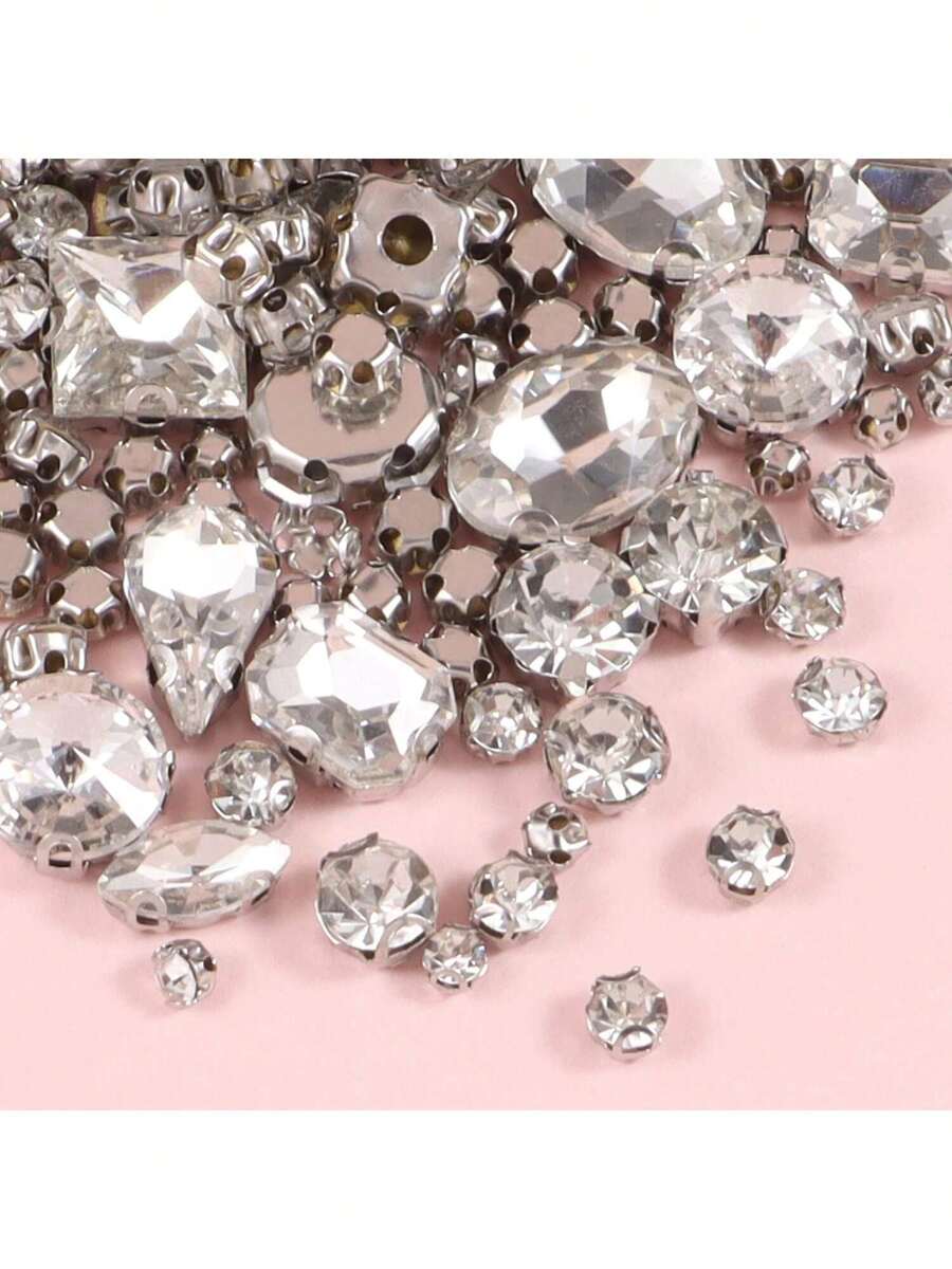 100pcs Mixed Glass Crystal Claw Sew-On Diamond DIY Crafts Decorative Accessories, Sewing Rhinestones, Assorted Shapes And Sizes - White - View 1