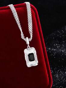 Elegante collar con colgante de plata de ley 925 con circonita negra rectangular - Hipoalergénico, duradero y resistente a la oxidación, regalo perfecto para todas las estaciones, joyería de uso diario | Elegante collar con colgante | Joyería de plata de ley durable, circonita