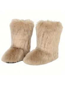Women's Faux Fur Boots, Casual Slip On Furry Fluffy Snow Boots, Women's Comfortable Mid-Calf Boots - Black - View 6