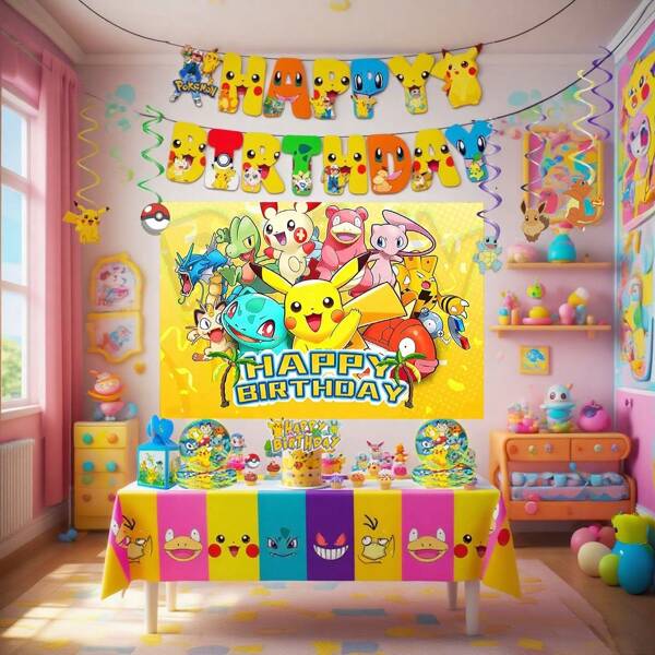 pokemon 1 Set Autorizado de Pokemon Decoración de Fiesta Desechable con Temática Colorida y Adorable de Pikachu, Incluyendo Banderines con Tema Pokémon, Platos, Decoraciones para Pastel, Remolinos Colgantes, Cajas de Dulces, Fondo Mágico de Pikachu y Otras Decoraciones de Fondo para Fiesta, Adecuado para Cumpleaños, Fiesta con Tema Pokémon, Reunión Familiar, Decoración de Pared