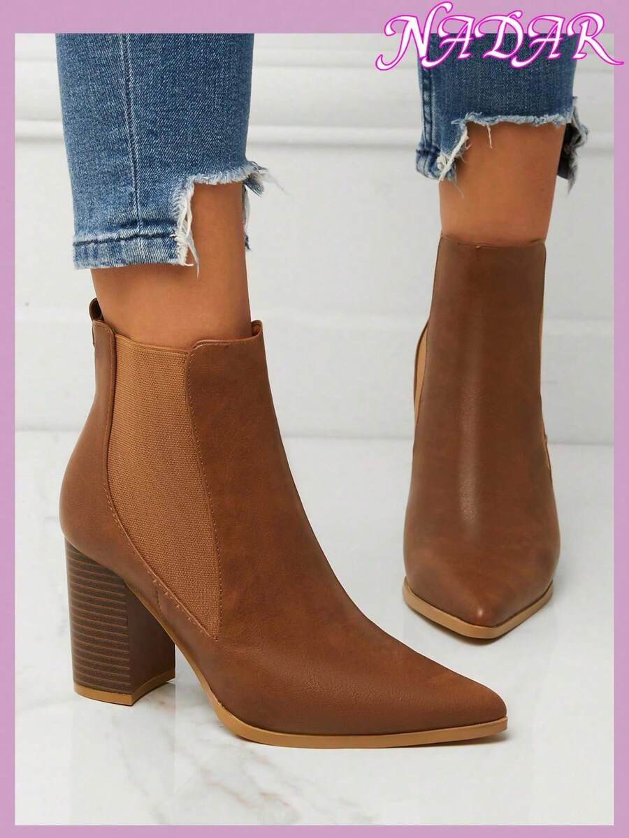 女士秋冬时尚尖头粗跟防滑切尔西靴，人造革户外通勤美式踝靴 - 棕色 - 查看 1