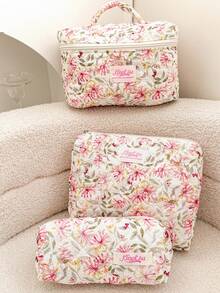 1 件精致粉色花卉化妆包，灯芯绒花卉化妆包，花卉美学，休闲大容量便携式拉链化妆包，女生化妆包，护肤化妆包，适合家庭、女性、女孩和学生，节日礼物，生日礼物，圣诞节礼物，适合送给朋友和妈妈。旅行必需品假期夏季返校学校用品包，适合学校旅行包，女士化妆包，适合旅行